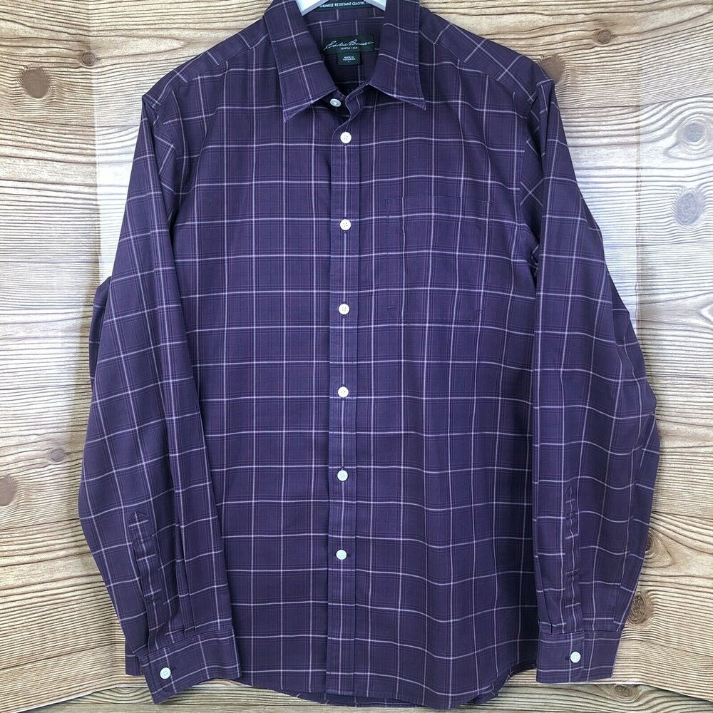 Eddie Bauer Mens Plaid Shirt Wine Color Size Large
